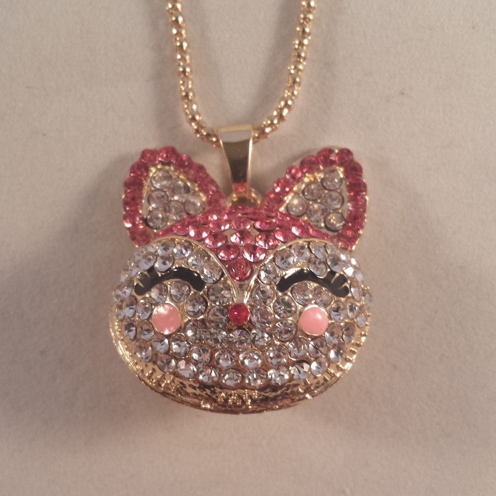 Betsey Johnson Fox Head Crystal Pink Gold Necklace - Picture 2 of 3